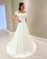 Elegant White A-Line Off-The-Shoulder Sleeveless Sweep Train Satin Wedding Dress With Handmade Flowers